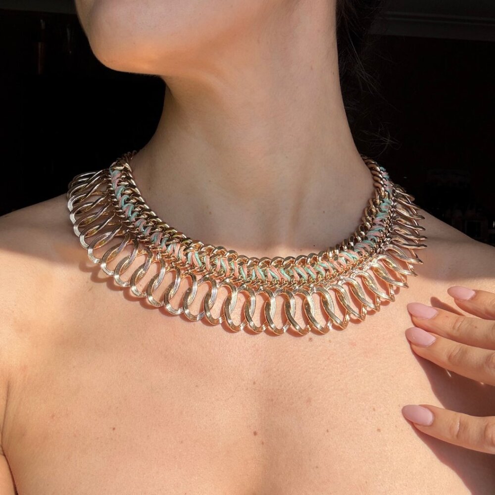 Vintage ALDO Gold-Tone Interlocking Ring Fringe Statement Bib Necklace